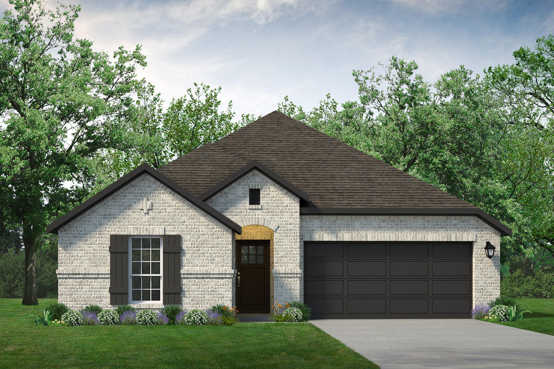A rendering of a two-story home featuring the Blanco floor plan with a garage.