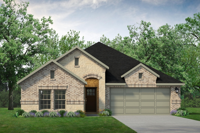A rendering of a two-story home with a garage, showcasing the Blanco floor plan in Woodcreek.