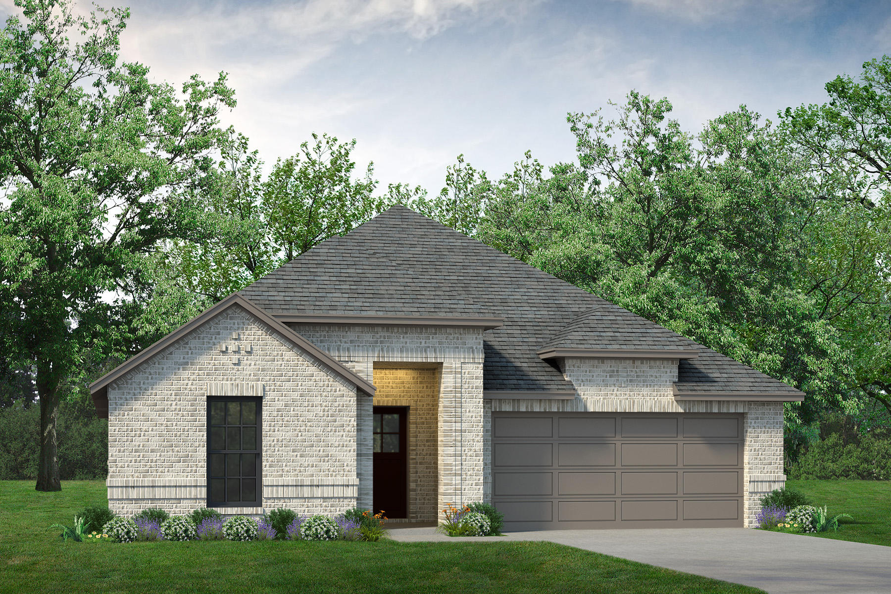 A rendering of a two-story home with a garage, showcasing the Brazos floor plan.