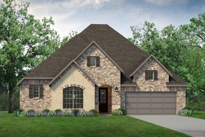 A rendering of a home with a stone front and garage.