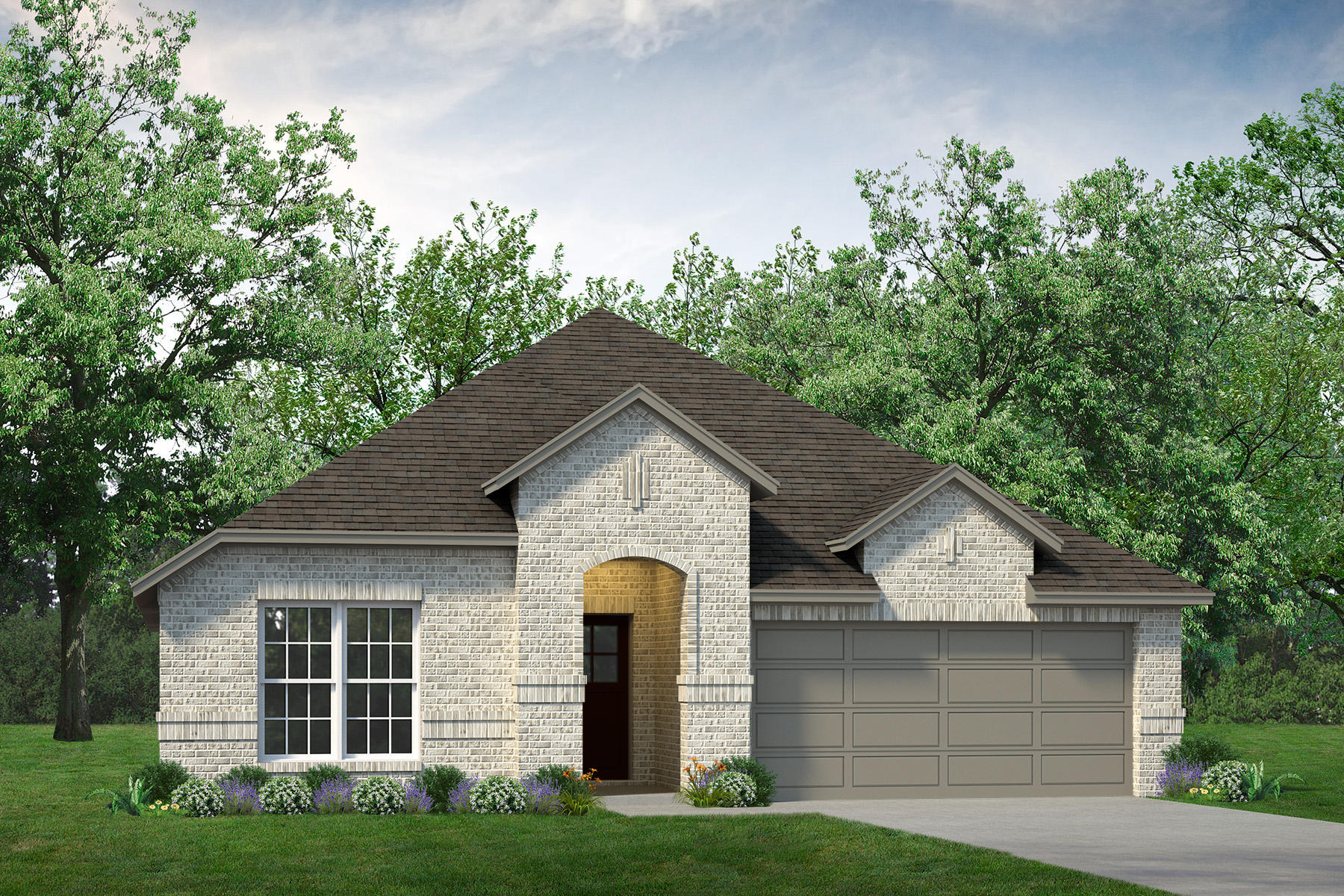 A rendering of a two-story Woodland Creek home with a garage in Colorado.