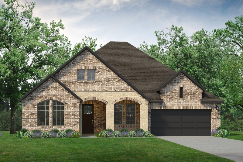A rendering of a home with a stone front and garage.