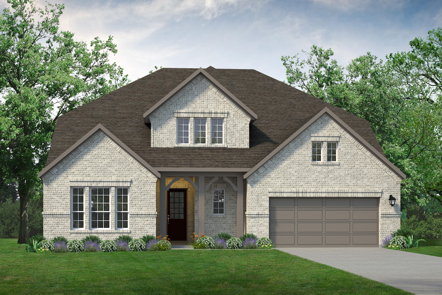 A promotional rendering of a two-story home with a garage.