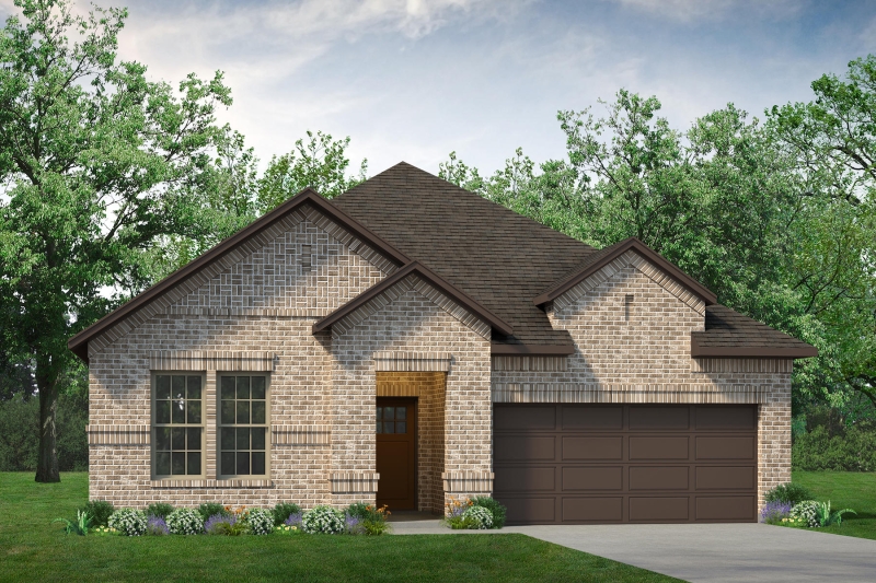 A rendering of a Colorado Executive brick home with a garage and floor plan.