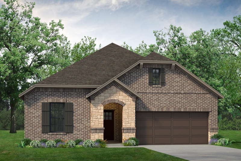 A rendering of a Colorado Executive brick home with a garage and floor plan.