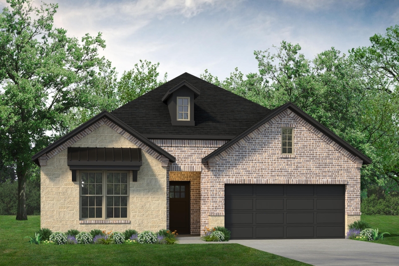 A rendering of a two-story Colorado Executive home with a garage and floor plan.