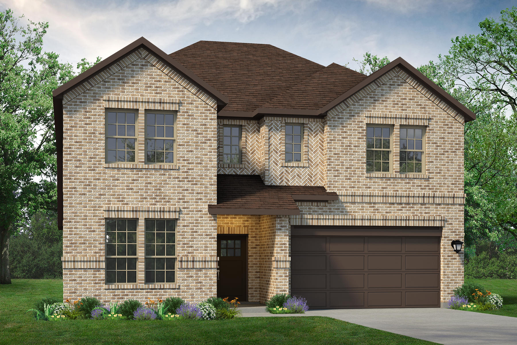 A rendering of a two-story Trinity Floor Plan home with a garage.