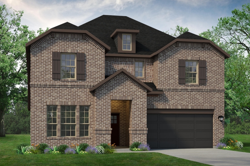 A rendering of a Trinity floor plan brick home with a garage.
