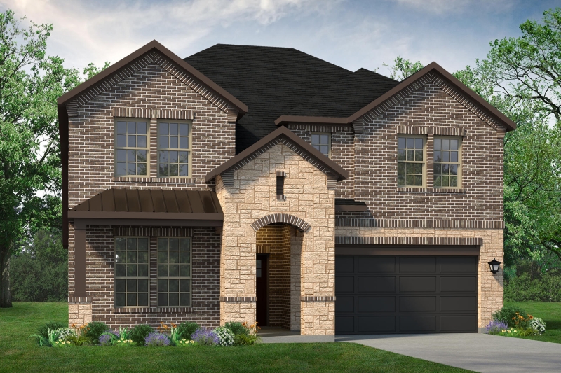 A rendering of a brick home with a Trinity floor plan and a garage.