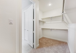 A walk in closet with a door and shelves.