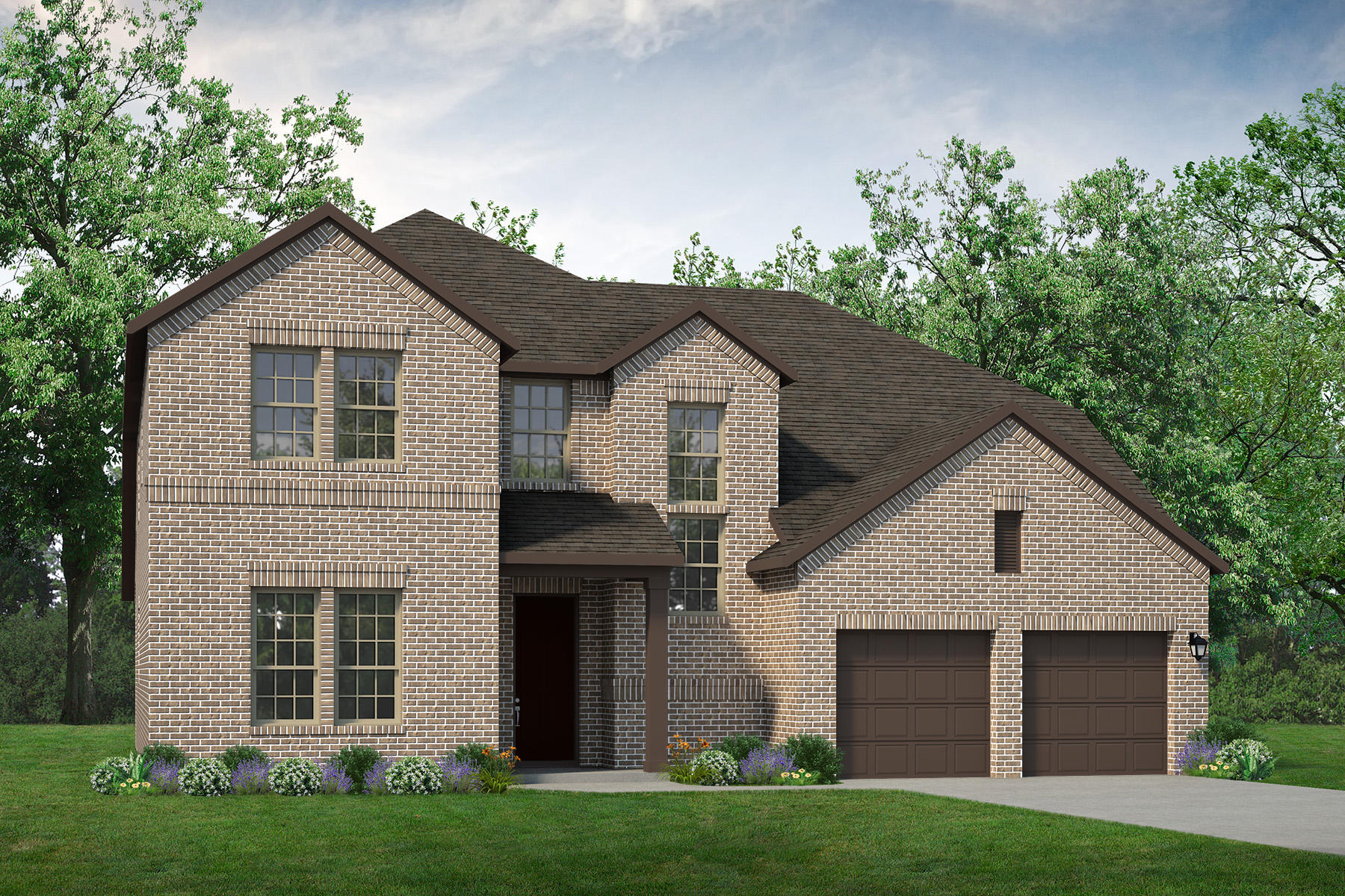 A rendering of a two story brick home.