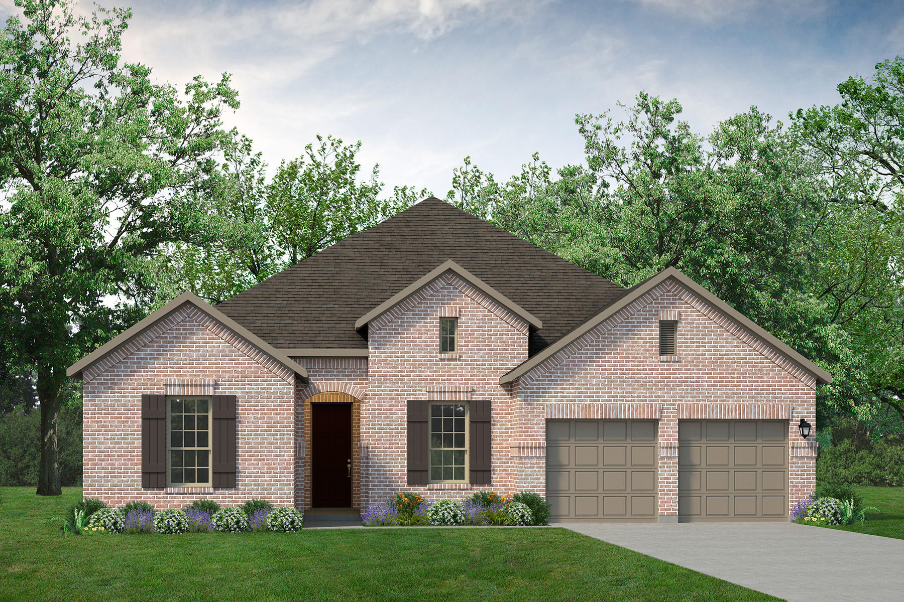 A rendering of a brick home with a garage, following the BRIDGEPORT floor plan.