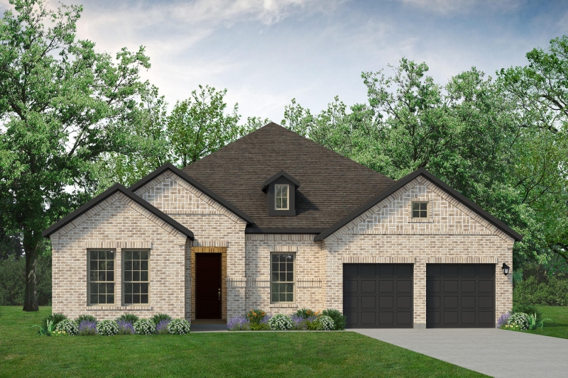 A rendering of the Bridgeport home with two garages and a front porch.