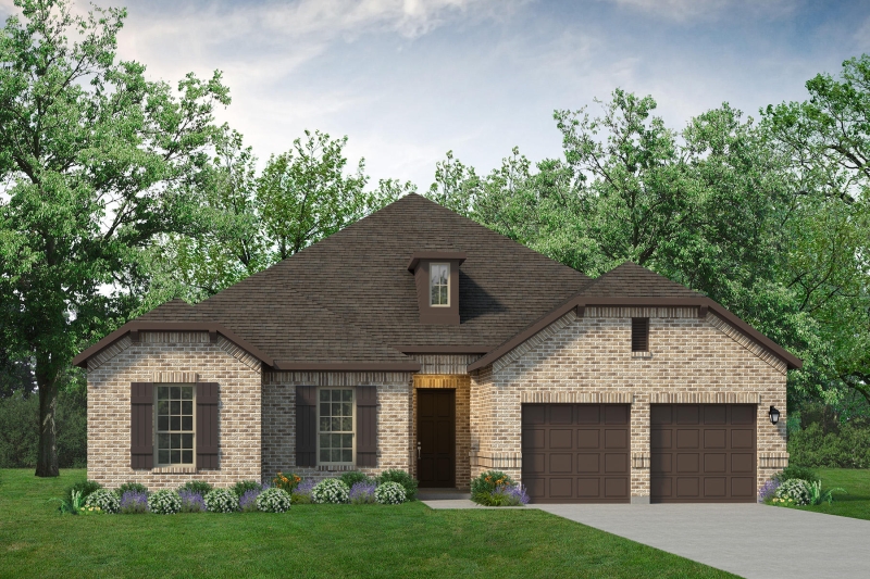 A rendering of a brick home with a garage, featuring the BRIDGEPORT floor plan.