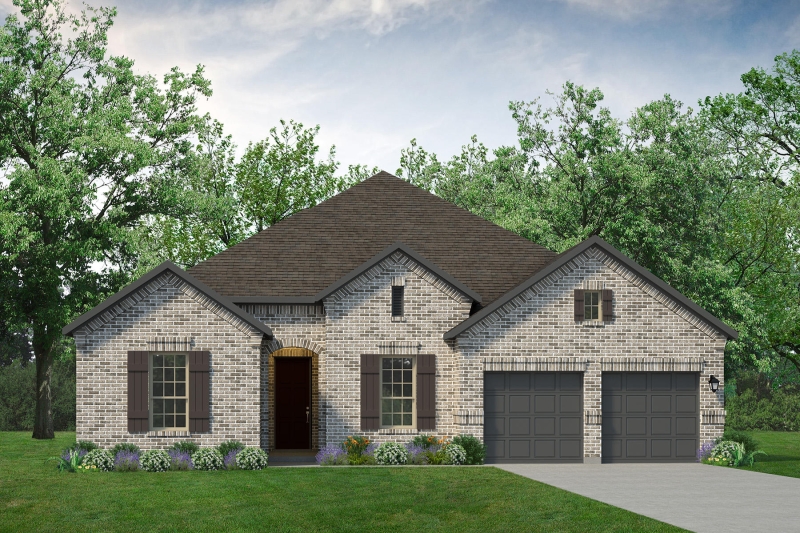 A rendering of a home with Whitney floor plan and two garages.