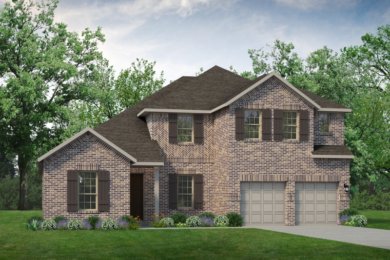 A promotional rendering of a brick home with a garage.