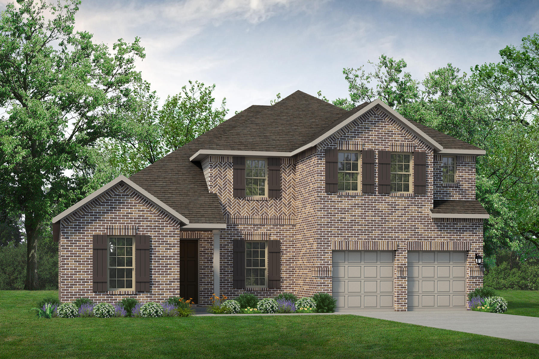 A promotional rendering of a brick home with a garage.