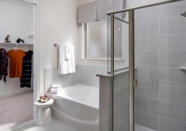 A bathroom with a glass shower door and a walk in closet.