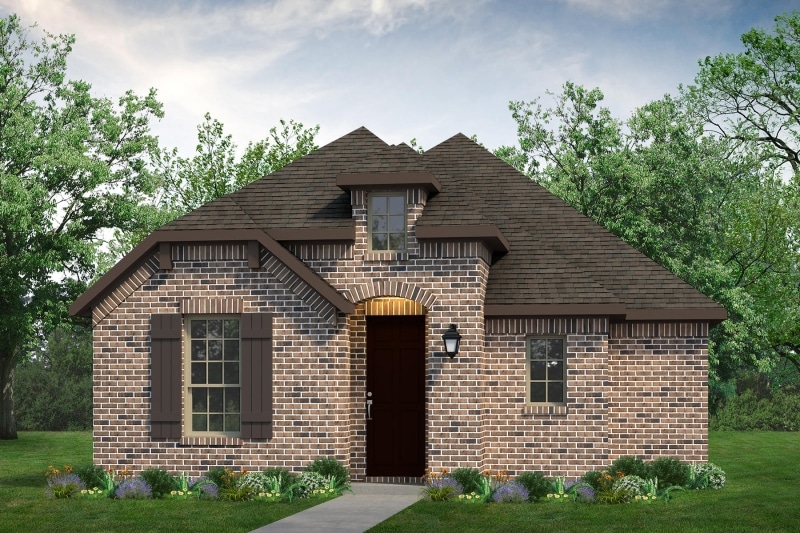 A rendering of a brick home with a front porch, showcasing the Belton floor plan.