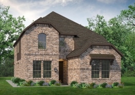 A rendering of a two-story brick home with the Belton floor plan.