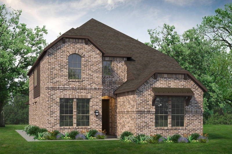 A rendering of a two-story brick home with the Belton floor plan.