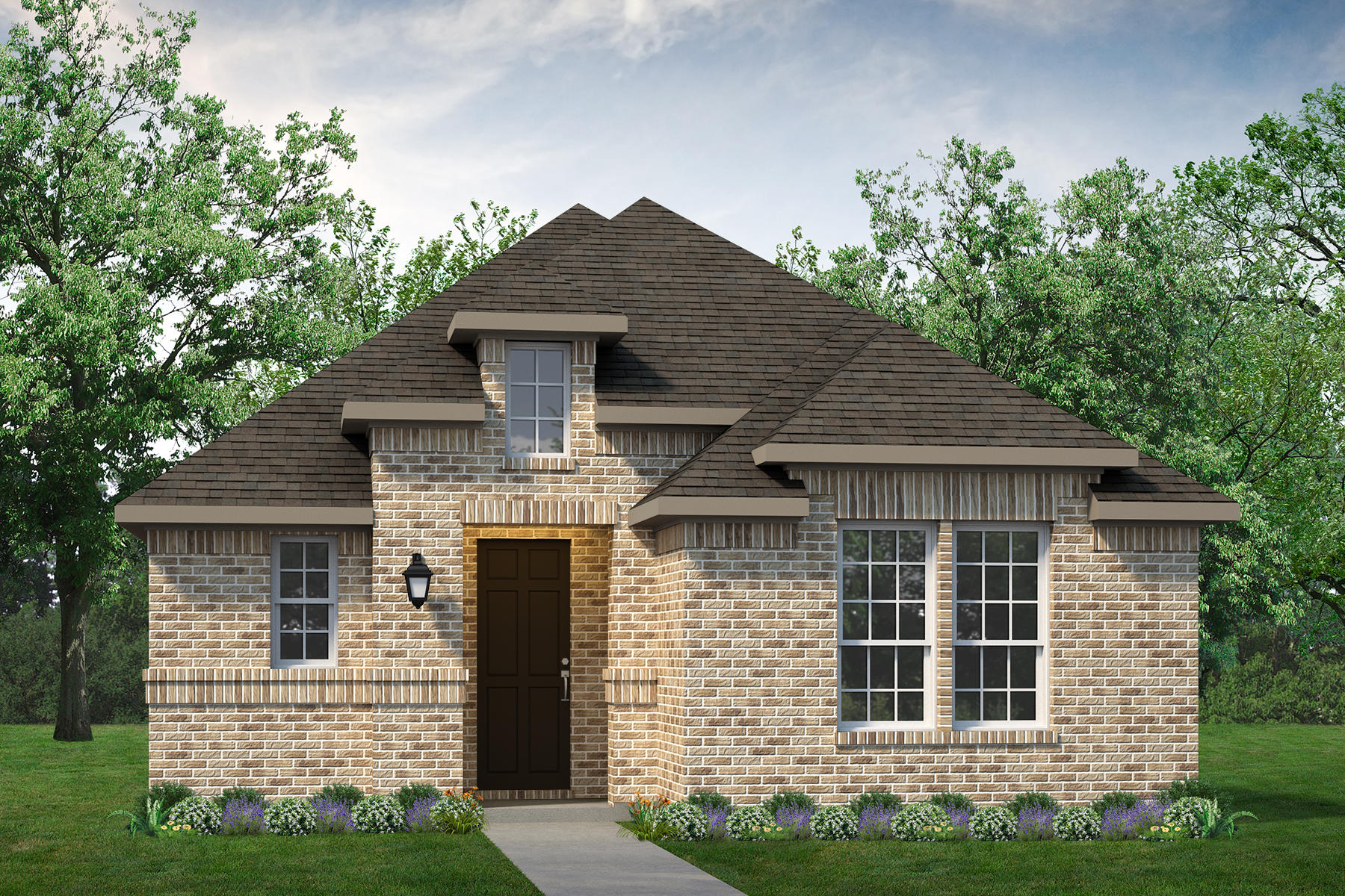 A rendering of a two-story brick home featuring the Belton floor plan.
