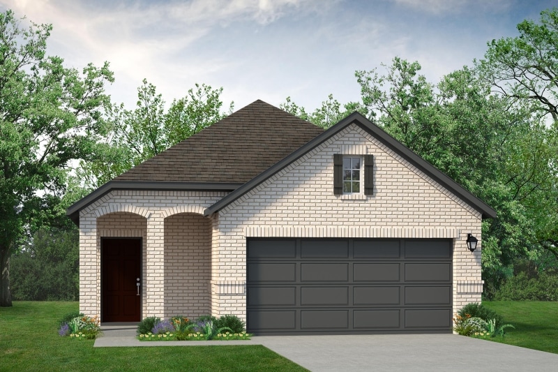 A promotion rendering of a two-story home with a garage.