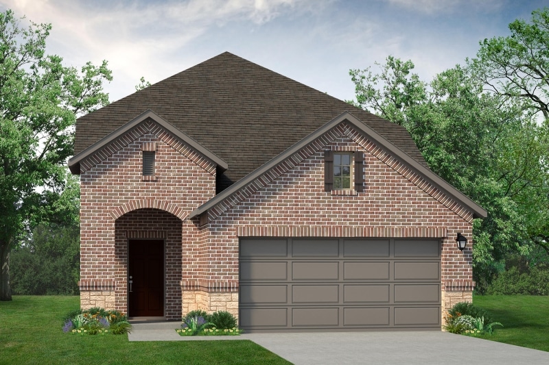 A rendering of a brick home with a garage.