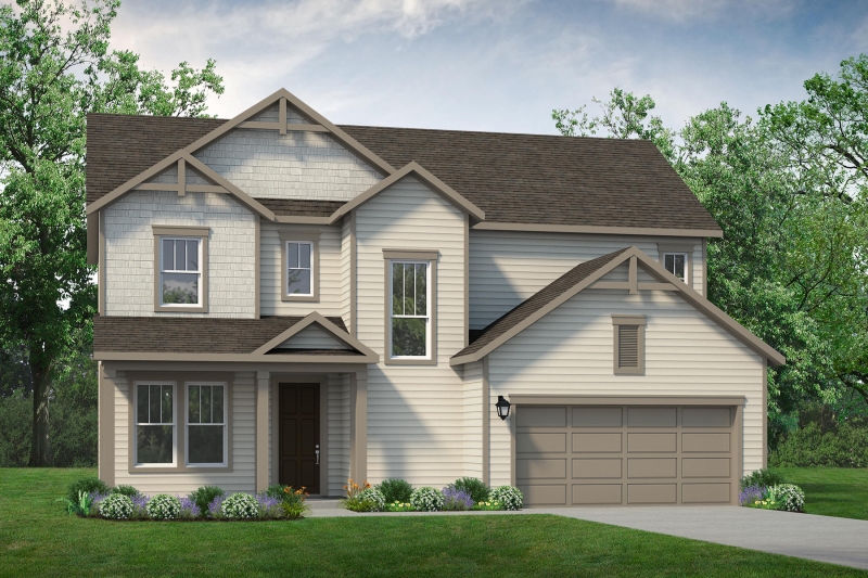 A rendering of a two story home with a garage.