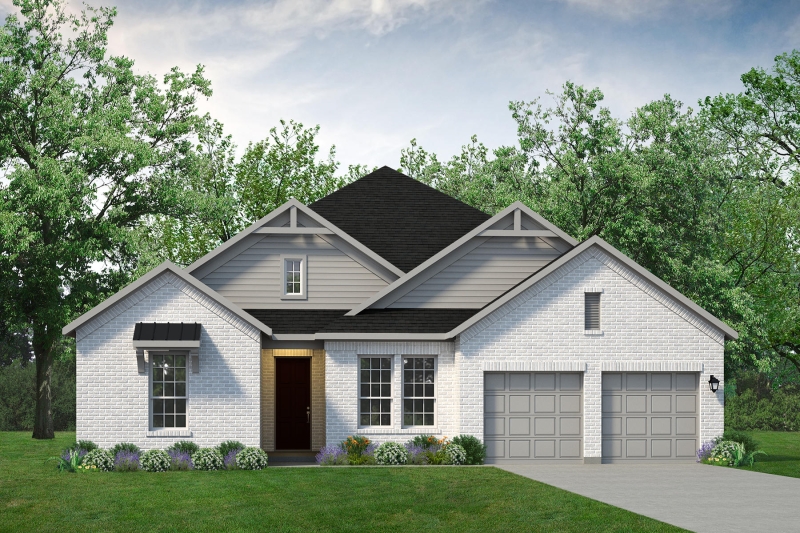 A rendering of a two - story home with a garage.