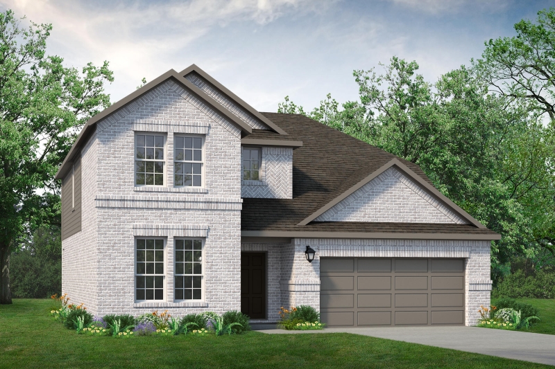 A promotional rendering of a two-story home with a garage.