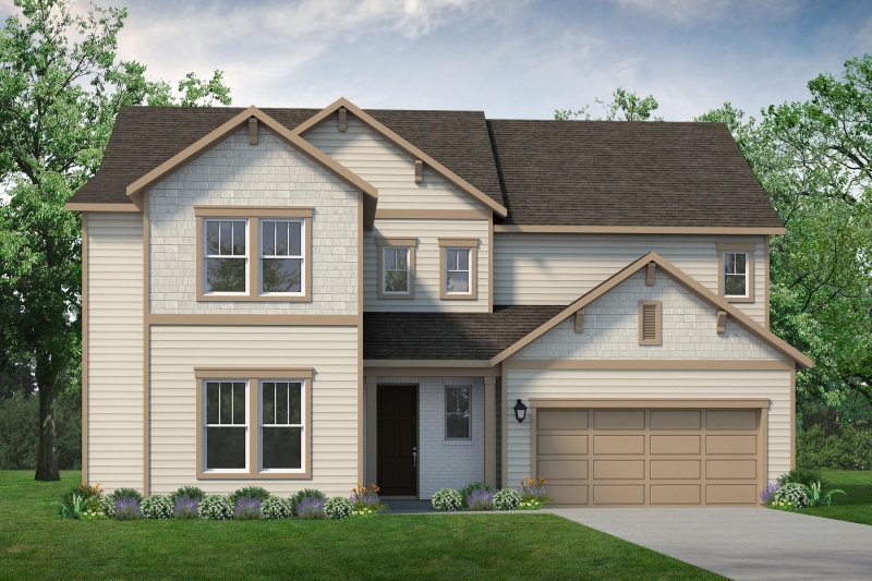 A rendering of a two story home with a garage.