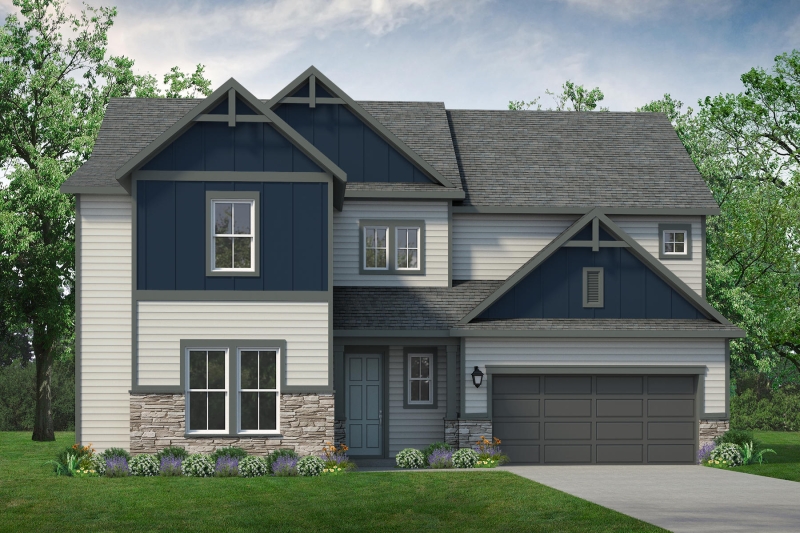 A rendering of a two story home with blue siding and a garage.