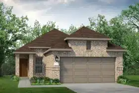 A promotional rendering of a home with a garage.