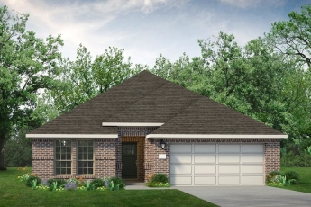 A promotion rendering of a brick home with a garage.