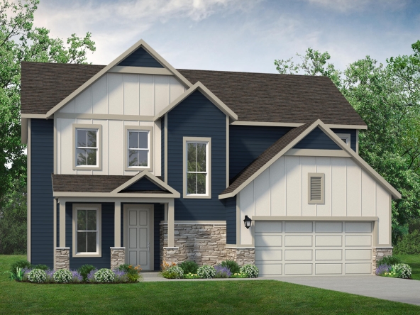 A rendering of a two story home with blue siding and white trim.