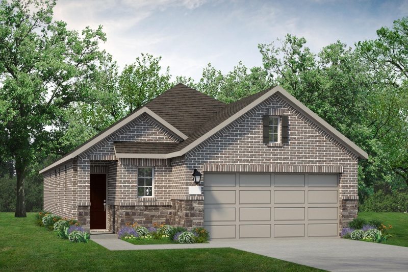 A rendering of a brick home with a garage.