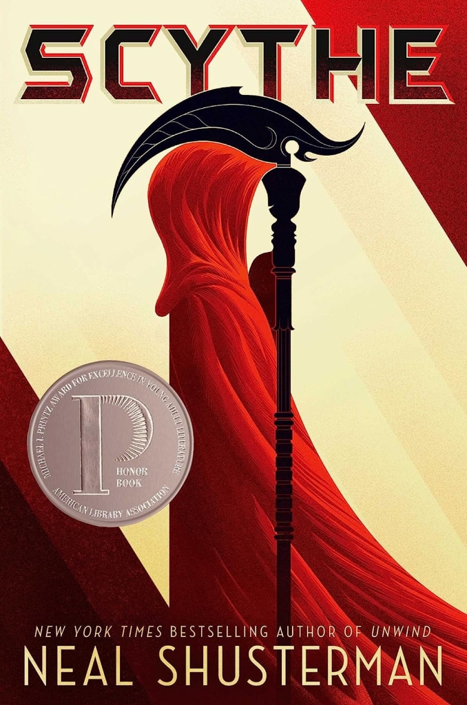 The cover of scythe by neal shusterman.