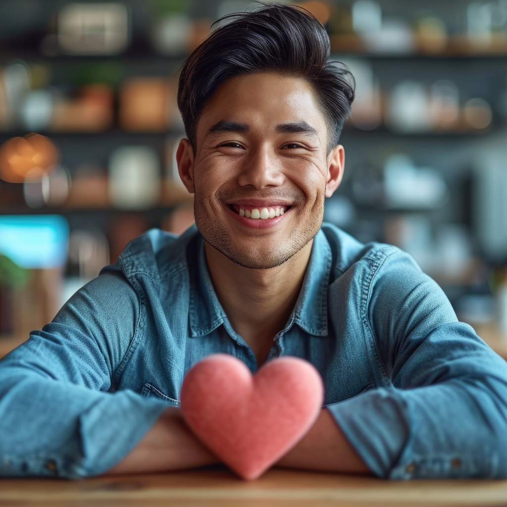 Asian man smiling with a heart shaped pillow in his hands.