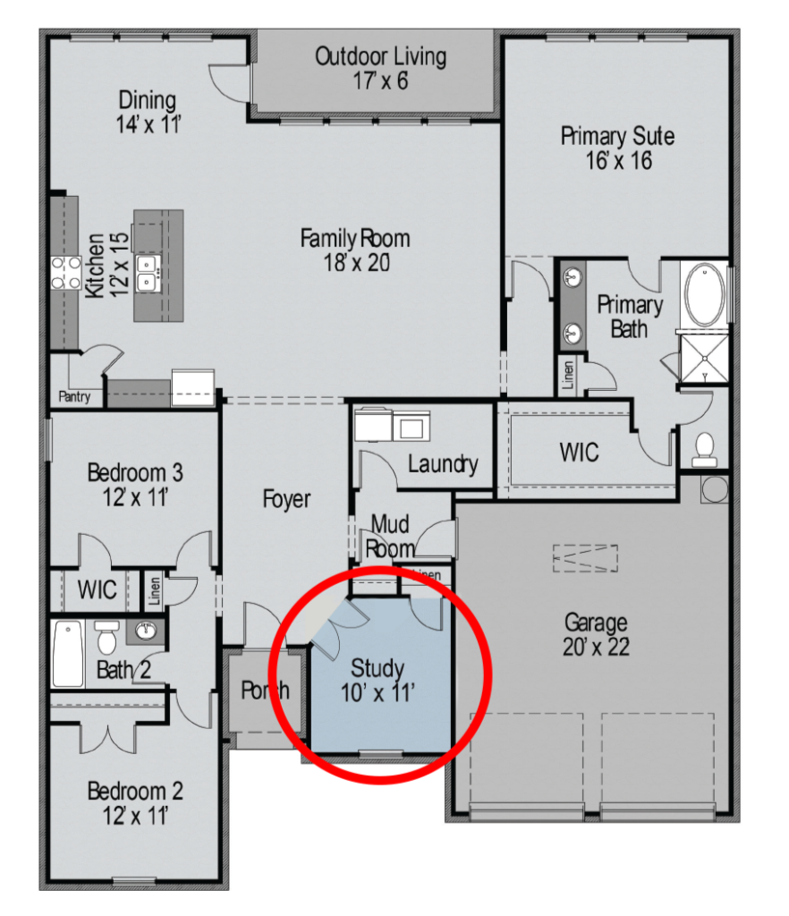 A floor plan with a red circle in the middle.