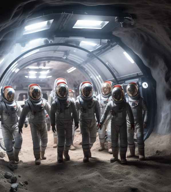 A group of astronauts walking through a tunnel.