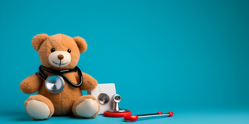 A teddy bear with a stethoscope on a blue background.