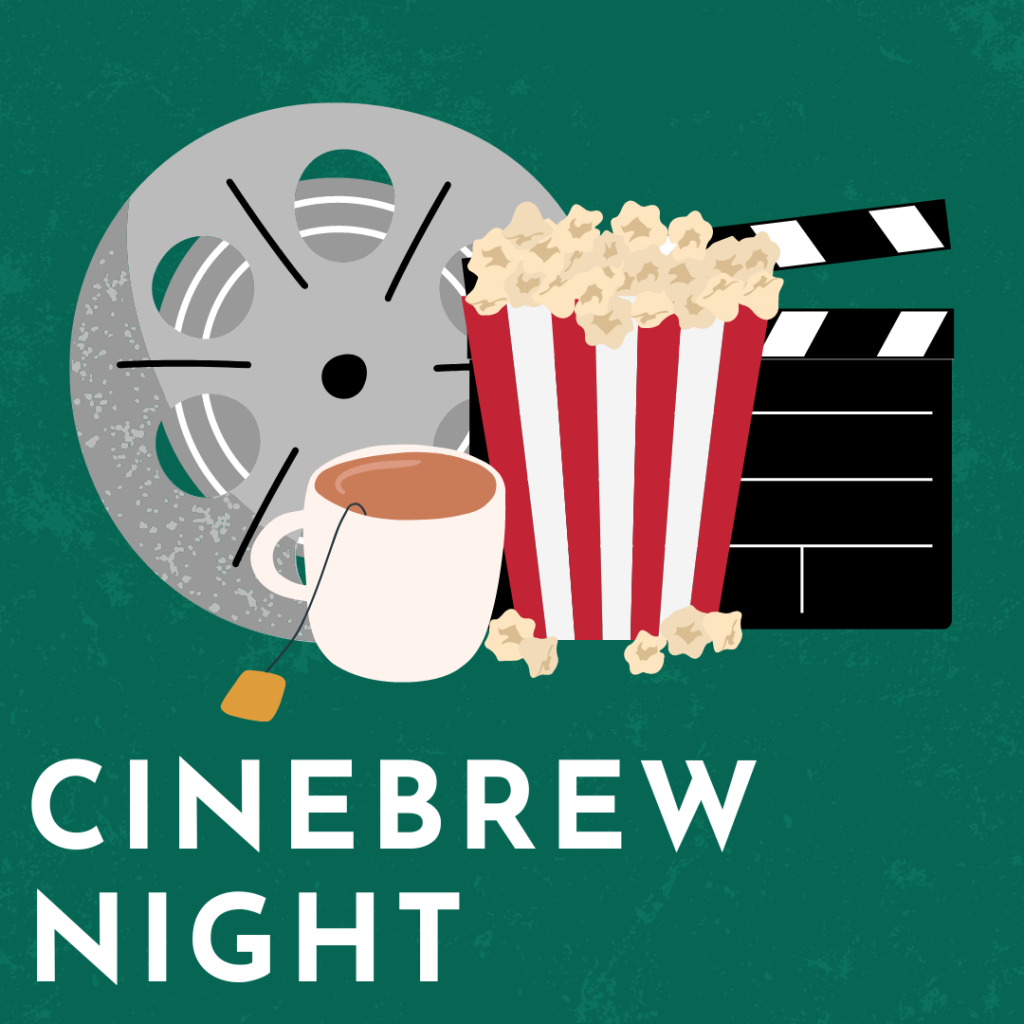 The cinema brew night logo with a cup of coffee and a movie clapper.