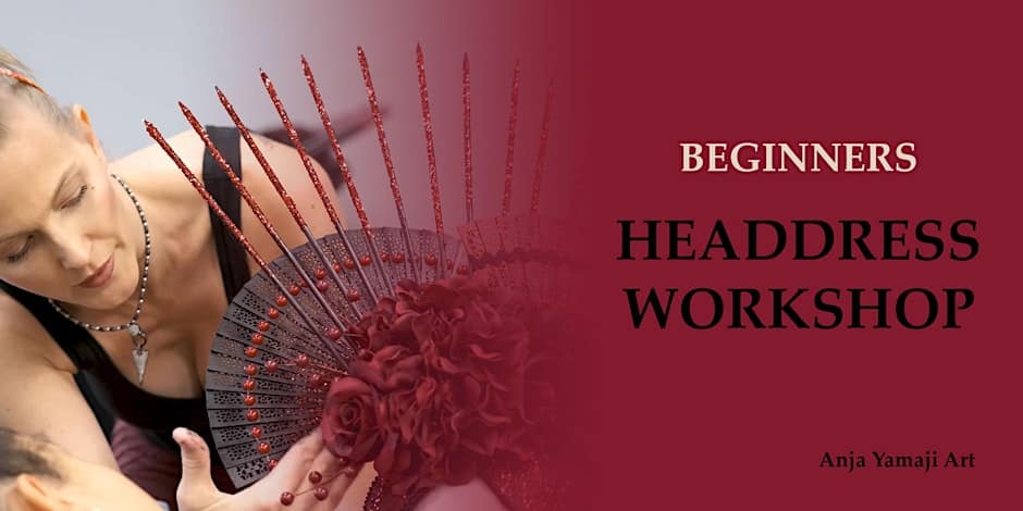A woman is holding a fan with the words beginners headdress workshop.
