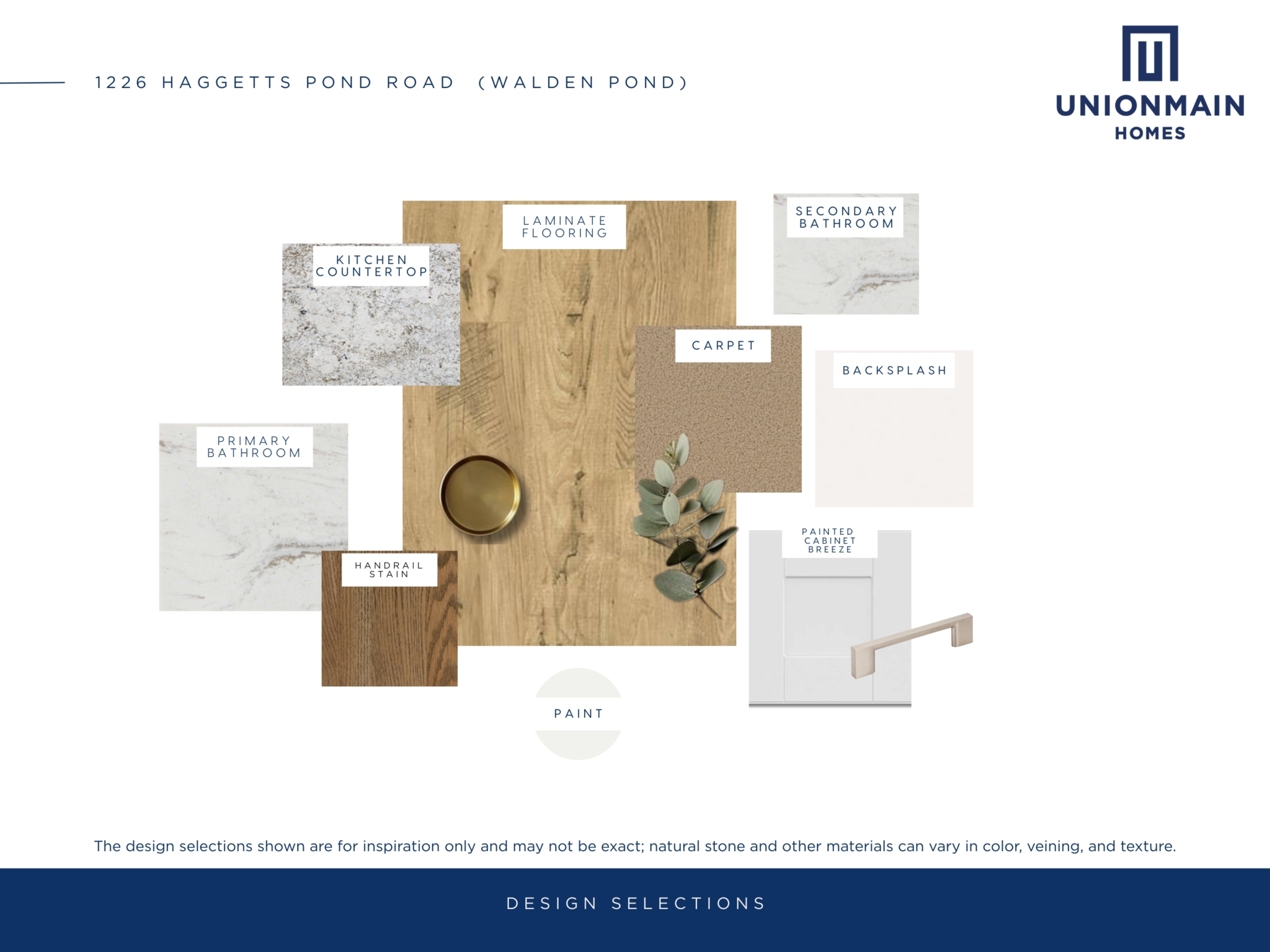 The design selections in 1226 Haggetts Pond showing the flooring, cabinets and countertops.