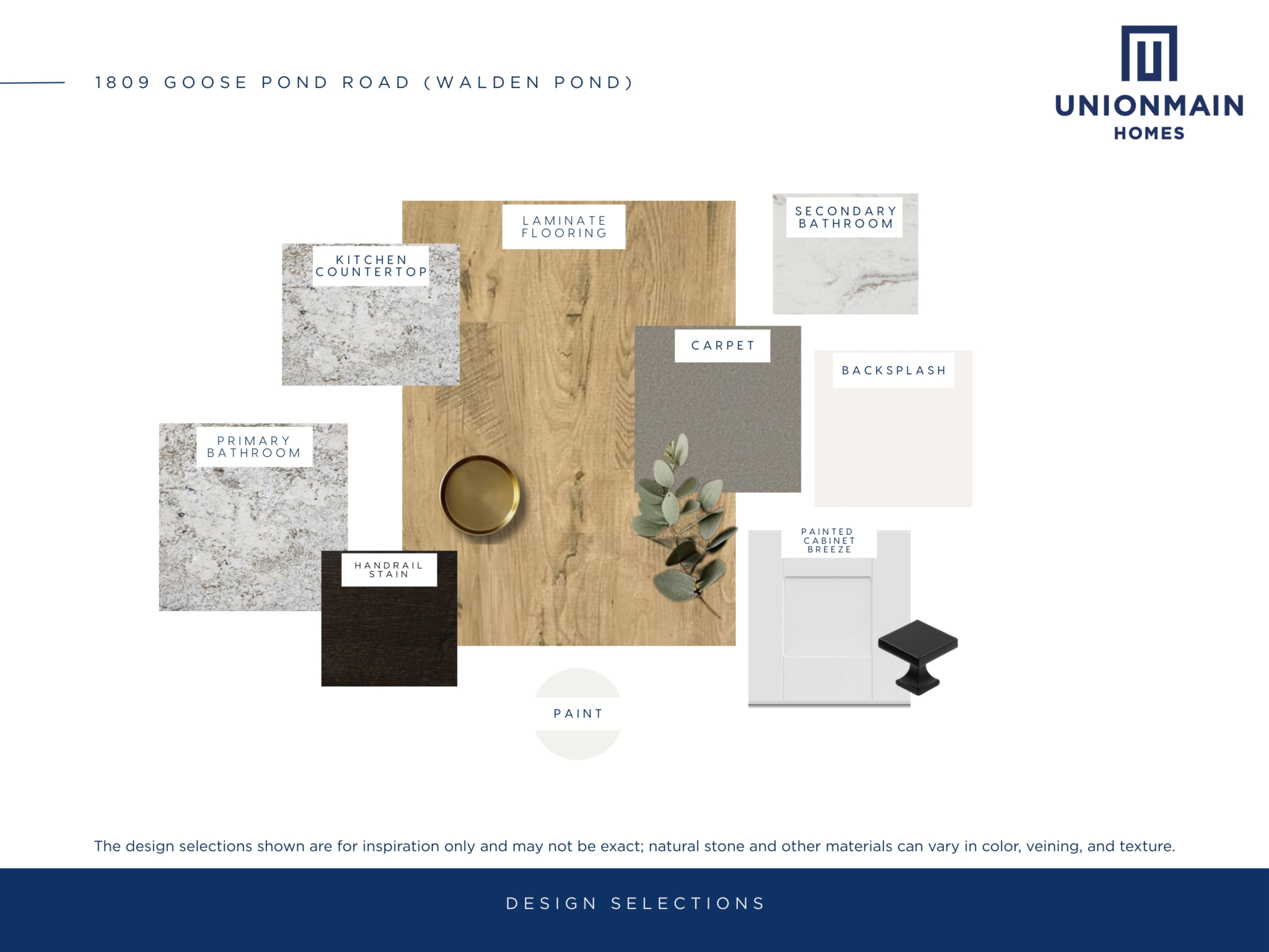 The design selections in 1809 Goose Pond showing the flooring, cabinets, countertops and more.