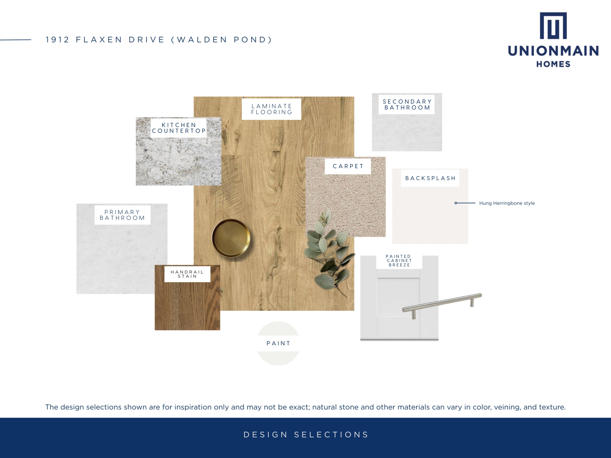 The design selections in 1912 Flaxen Drive showing the flooring, cabinets, countertops and more.