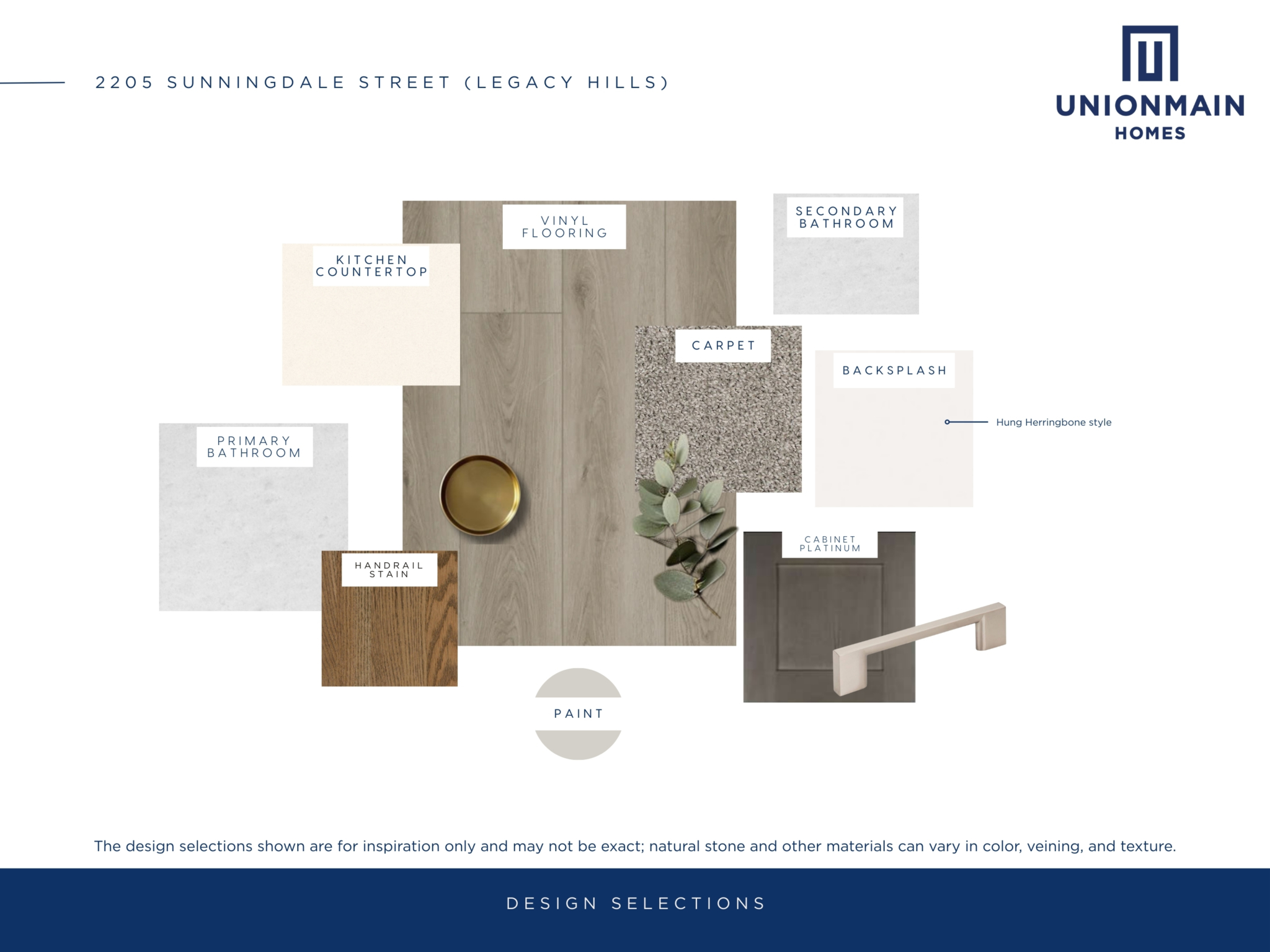 The design selections in 2205 Sunningdale Street showing the countertops, cabinets, flooring and more.