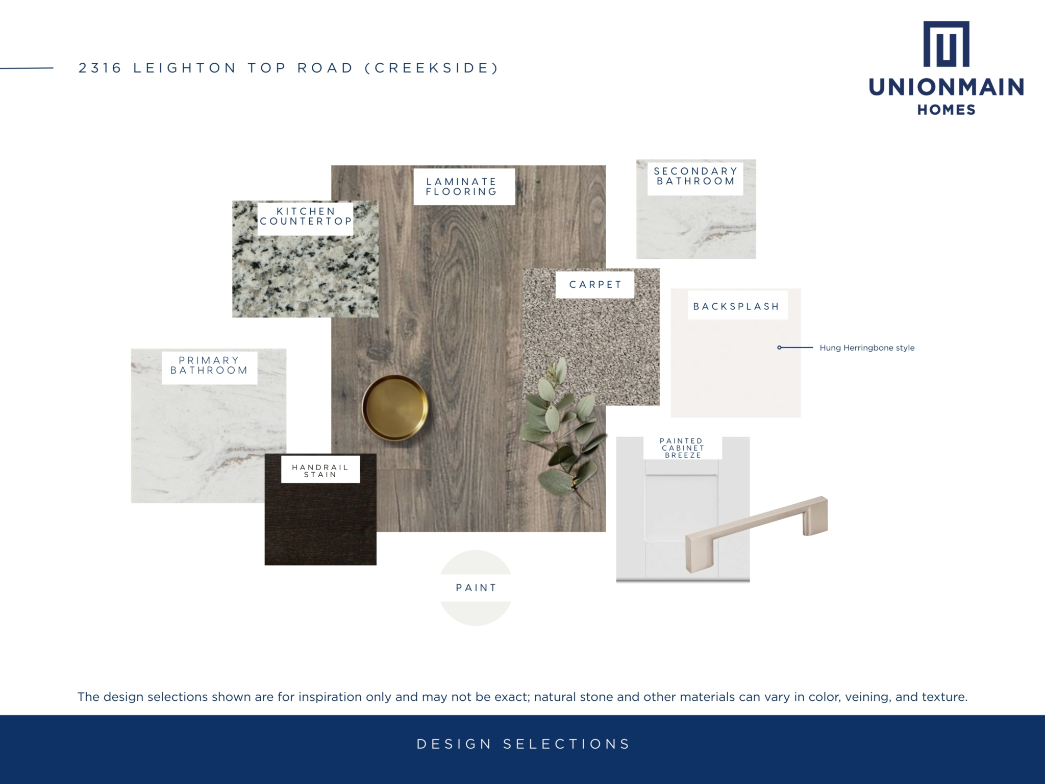 The design selections in 2316 Leighton Top Road showing the flooring, cabinets, countertops and more.