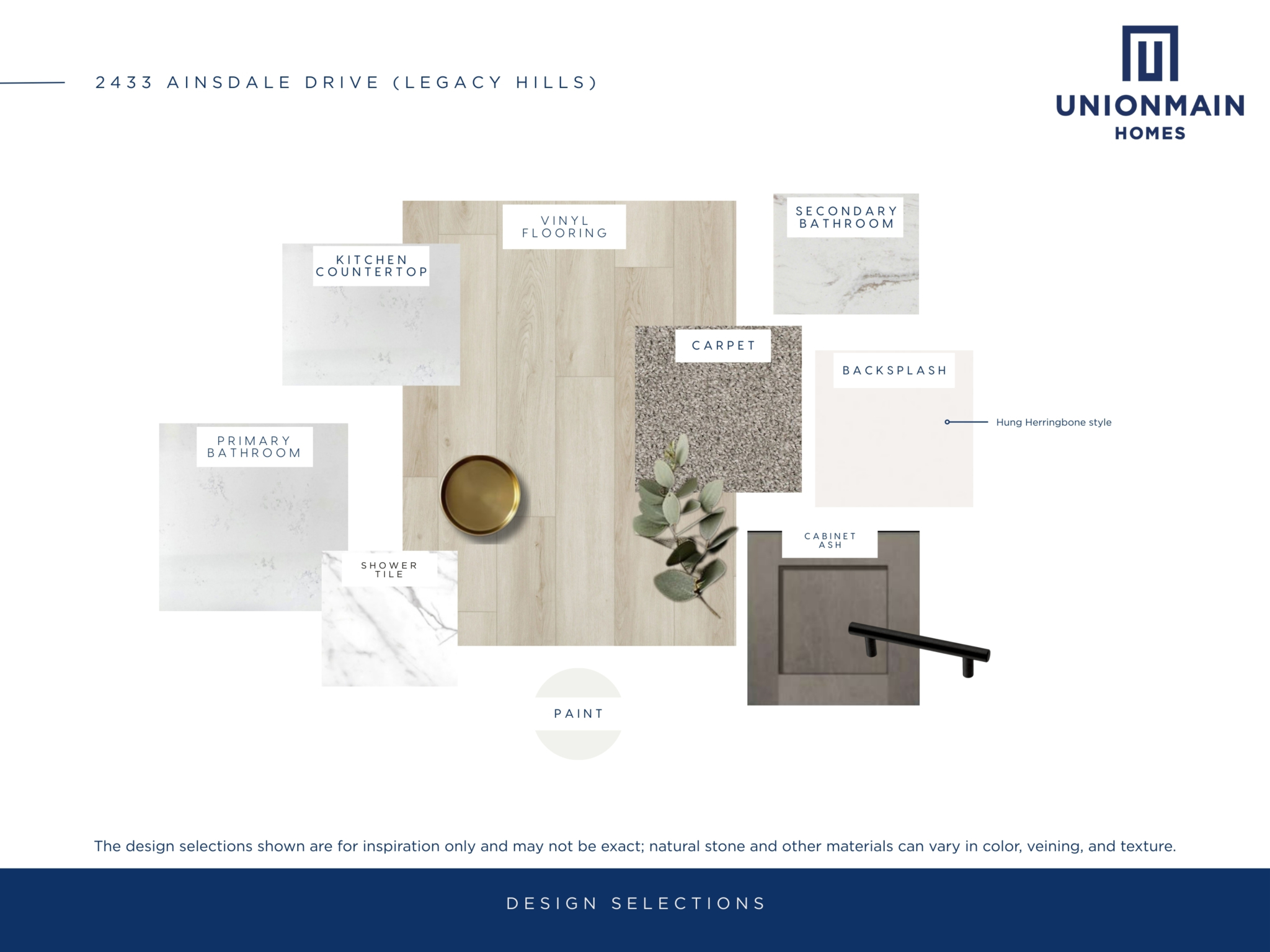 The design selections in 2433 Ainsdale Drive showing the flooring, cabinets, countertops and more.